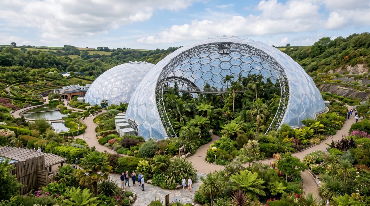Erguido nas crateras de uma antiga mina de argila abandonada, o maior complexo de estufas do mundo abriga florestas tropicais inteiras sob gigantescas bolhas geodésicas hexagonais