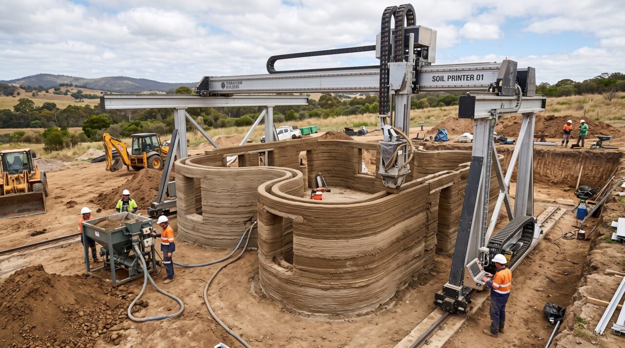A impressora gigante que usa o próprio barro do quintal para erguer abrigos confortáveis e com design arrojado, inspirados na casa do joão-de-barro