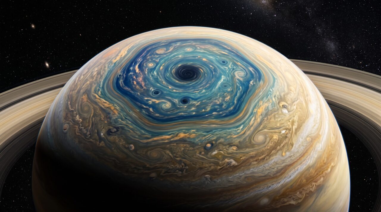 O gigantesco sistema de tempestade em formato de hexágono no polo norte de Saturno.