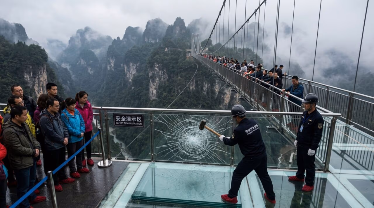 O assustador teste com marretas feito a 300 metros de altura na famosa ponte de vidro chinesa