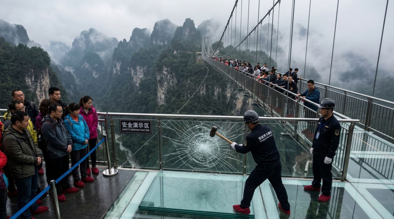O assustador teste com marretas feito a 300 metros de altura na famosa ponte de vidro chinesa