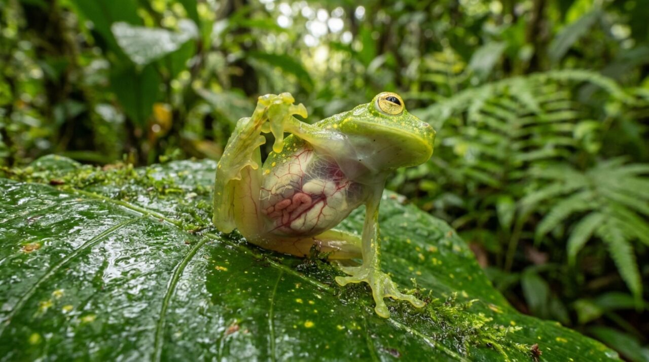 A pele translúcida que permite observar o coração e os órgãos internos do anfíbio