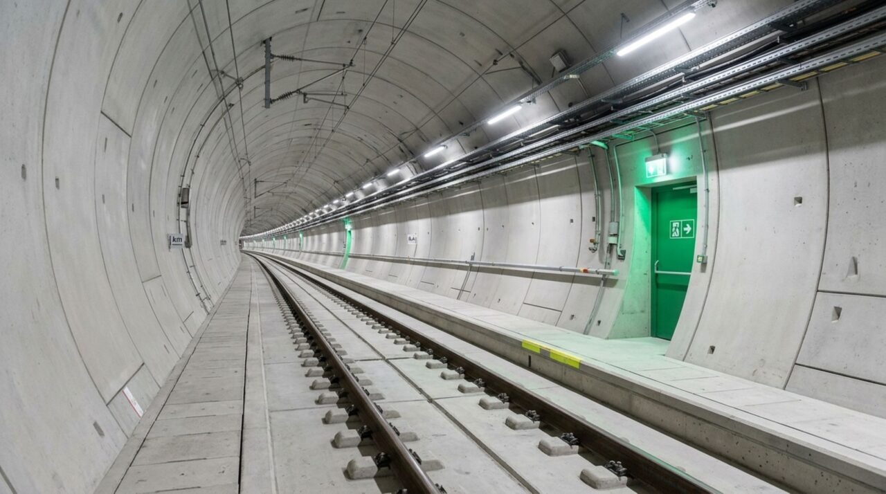 Dois tubos paralelos e passagens transversais garantem a circulação e a segurança no complexo subterrâneo
