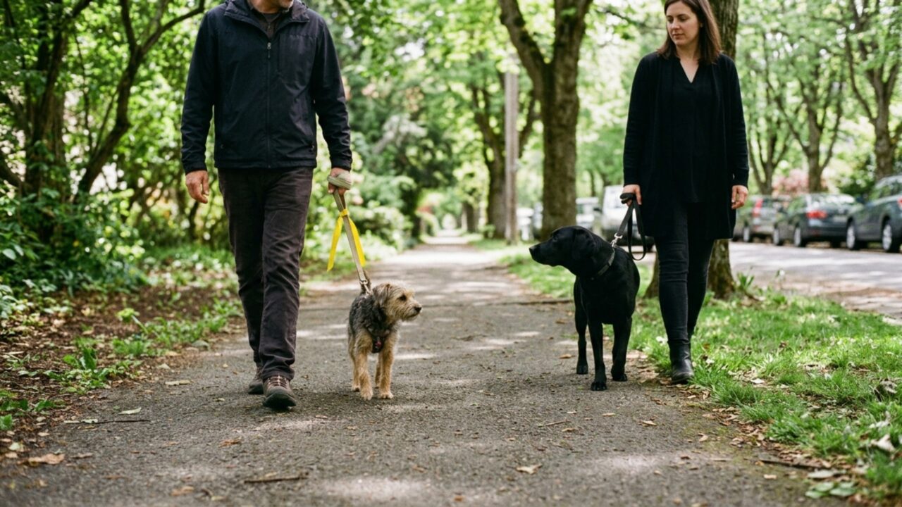O que significa ver uma fita amarela presa na coleira de um cachorro durante o passeio?