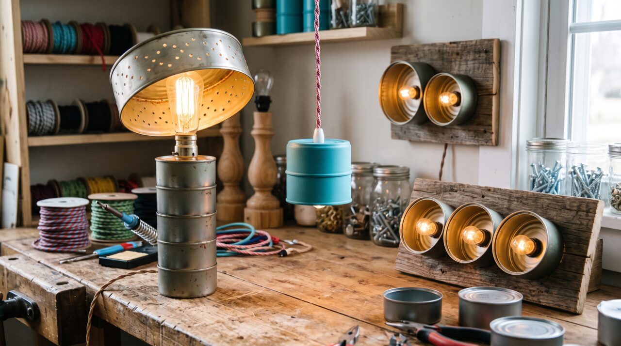 Transformação de latas de atum em luminárias rústicas para decorar a varanda gastando pouco.