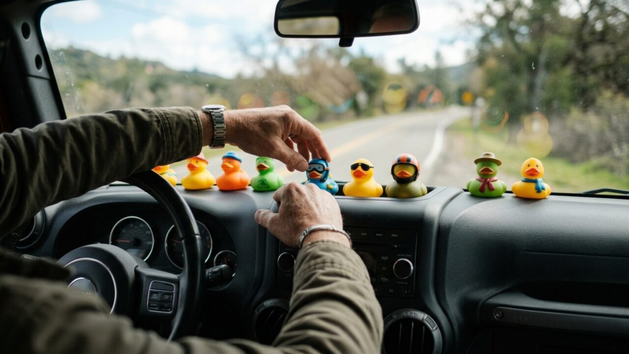 O que significa ver vários patinhos de borracha espalhados sobre o painel de um Jeep?