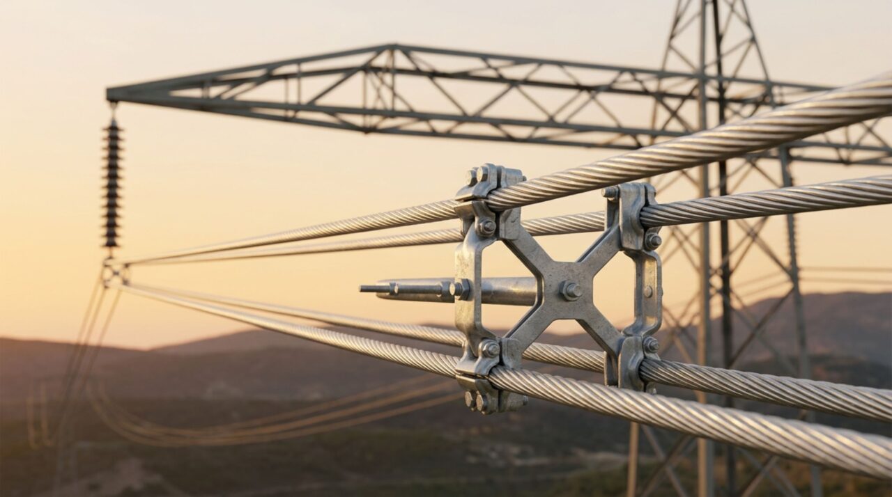 Braços das torres e espaçadores metálicos são projetados para manter os cabos perfeitamente afastados e evitar arcos elétricos