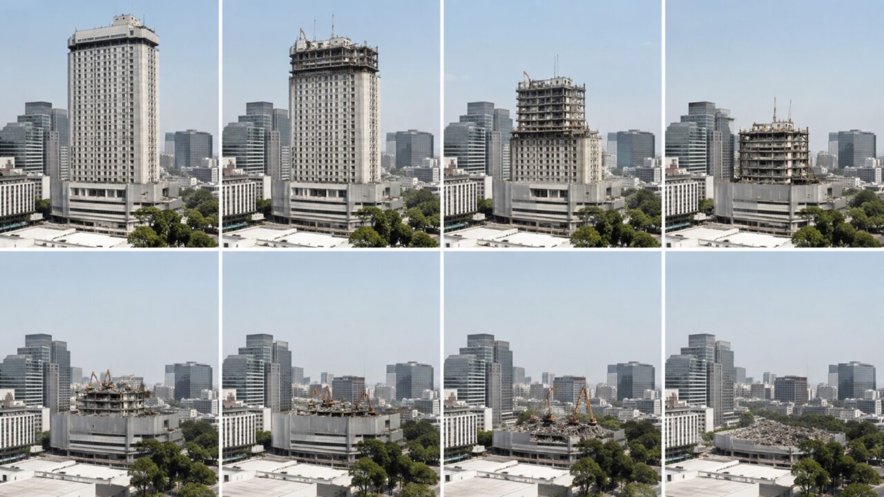 Hotel de 40 andares e 139 metros é “desmontado” diante da cidade com técnica de engenharia inédita
