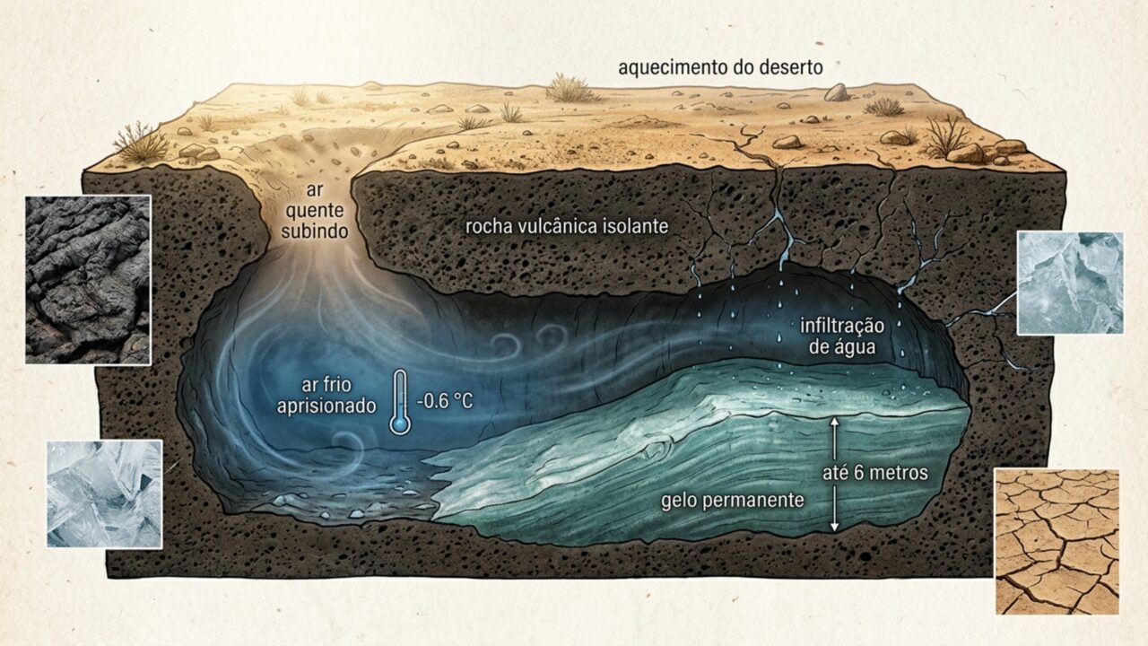 Uma caverna congelada a -0,6 °C que não derrete no calor do deserto e esconde camadas de gelo de até 6 metros de espessura