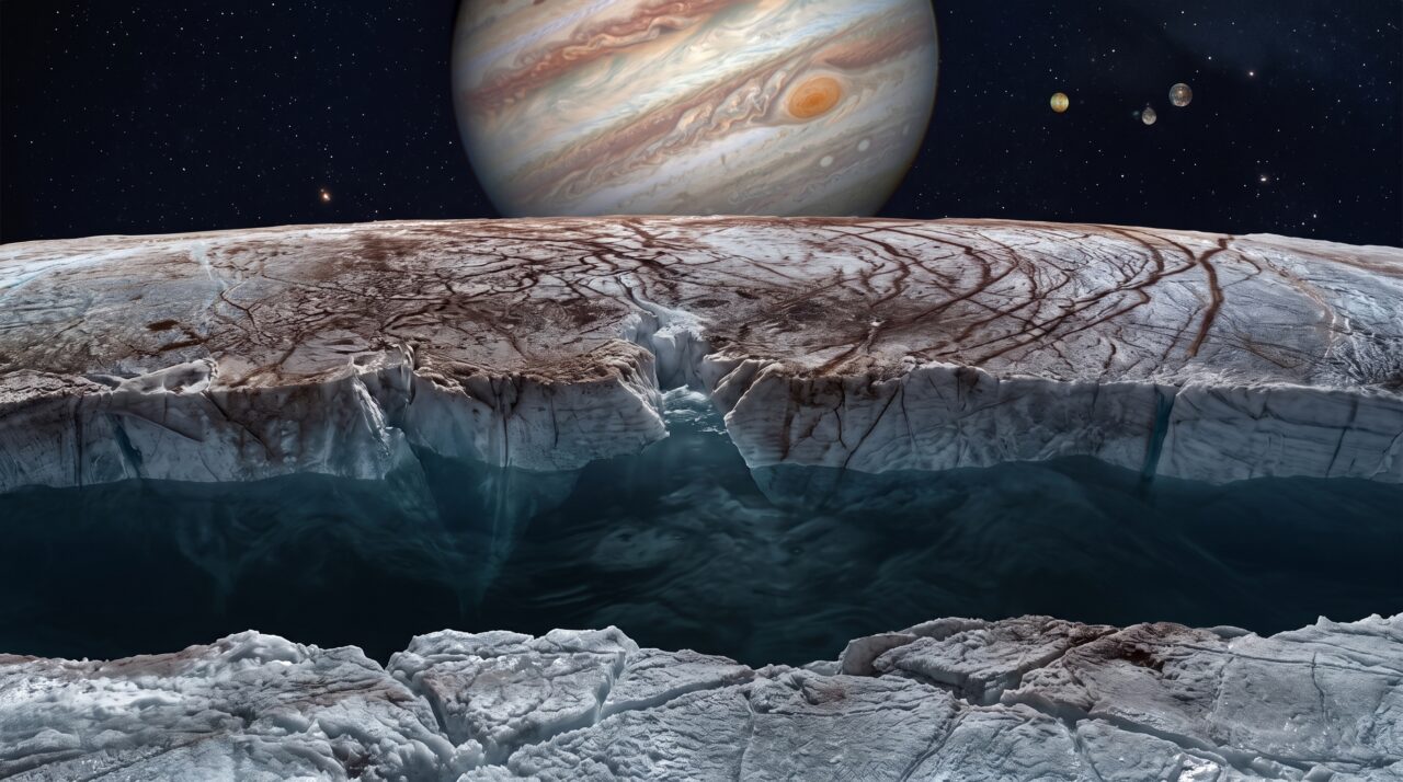 A espessura da crosta de gelo da lua Europa de Júpiter e o oceano subterrâneo.