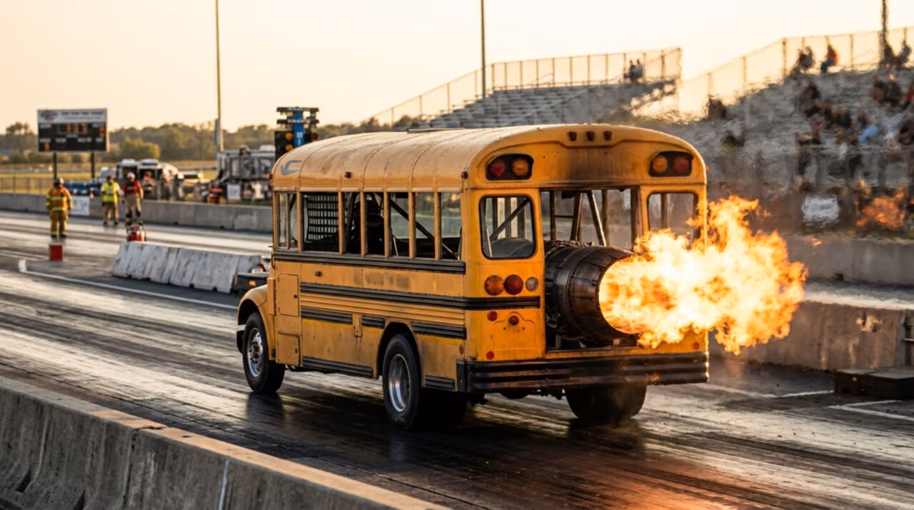 O ônibus escolar de 10.000 cavalos que anda com motor de jato e solta fogo como um caça em plena pista