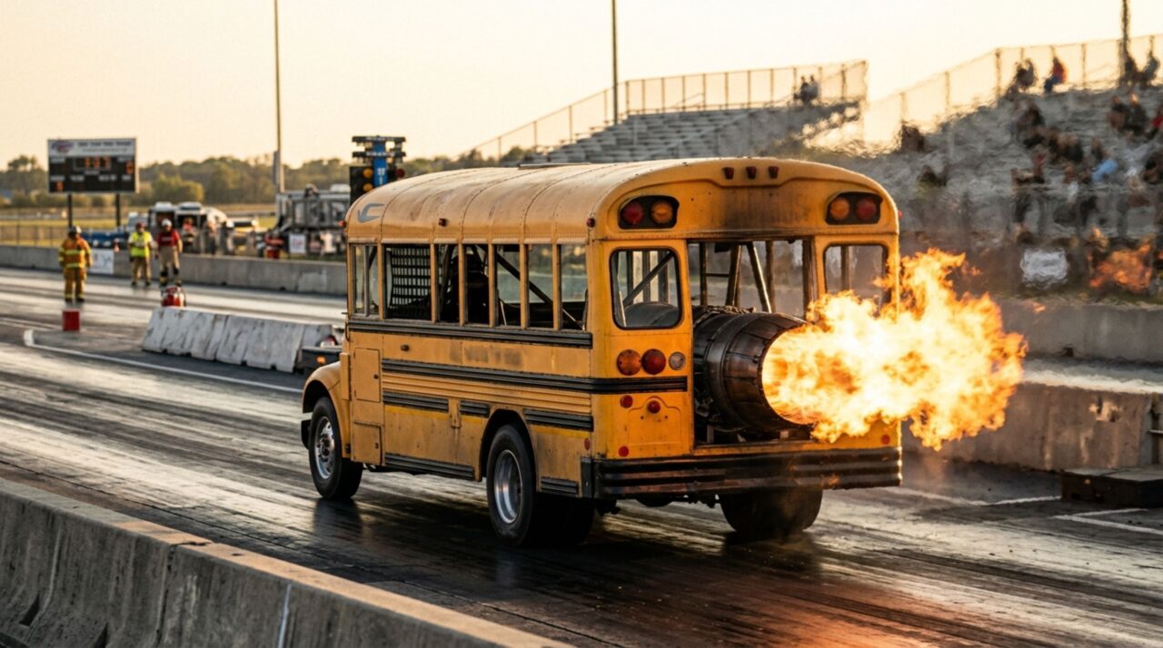 O ônibus escolar de 10.000 cavalos que anda com motor de jato e solta fogo como um caça em plena pista