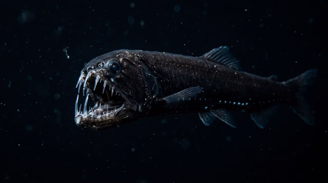 O peixe com dentes assustadores que vive nas profundezas e caça onde a luz quase não chega