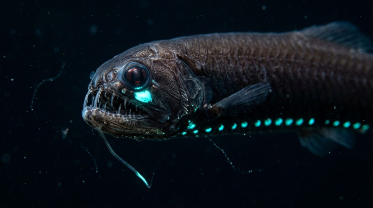 Órgãos bioluminescentes espalhados pelo corpo ajudam o caçador a produzir sinais de luz em um ambiente onde o sol nunca chega