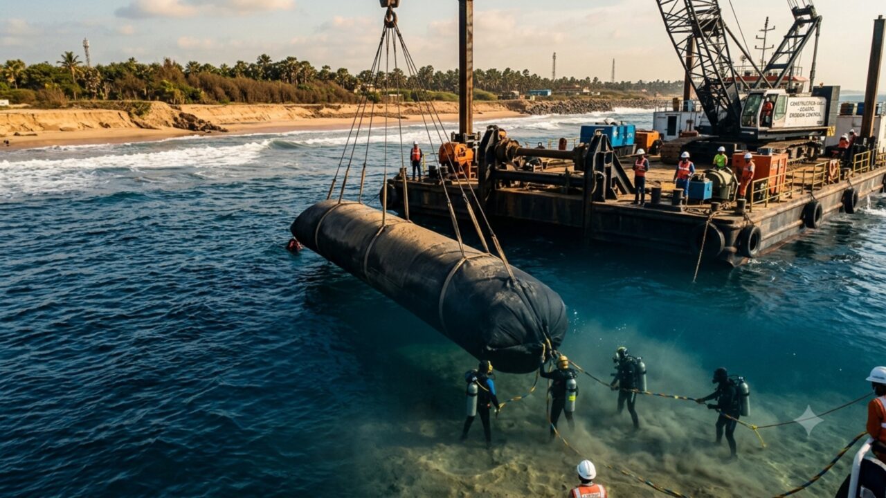 Índia afunda tubos gigantes no fundo do mar para salvar praias e a tecnologia impressiona até mesmo os maiores engenheiros