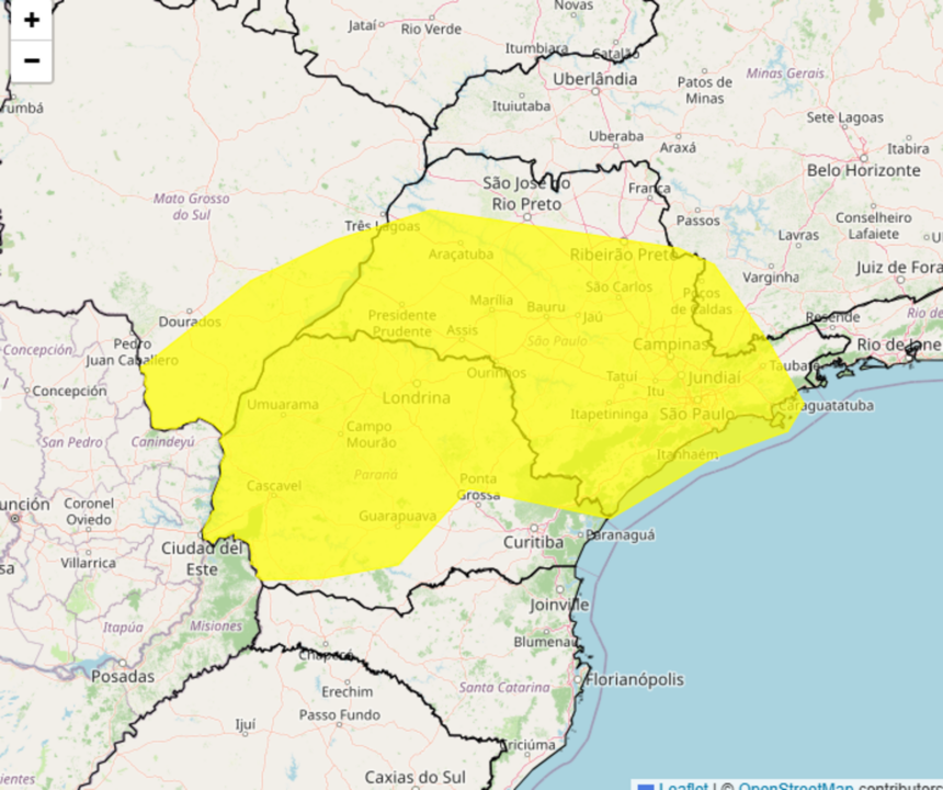 Inmet alerta para forte tempestade nos estados do PR, SP, MS e MG no dia 24