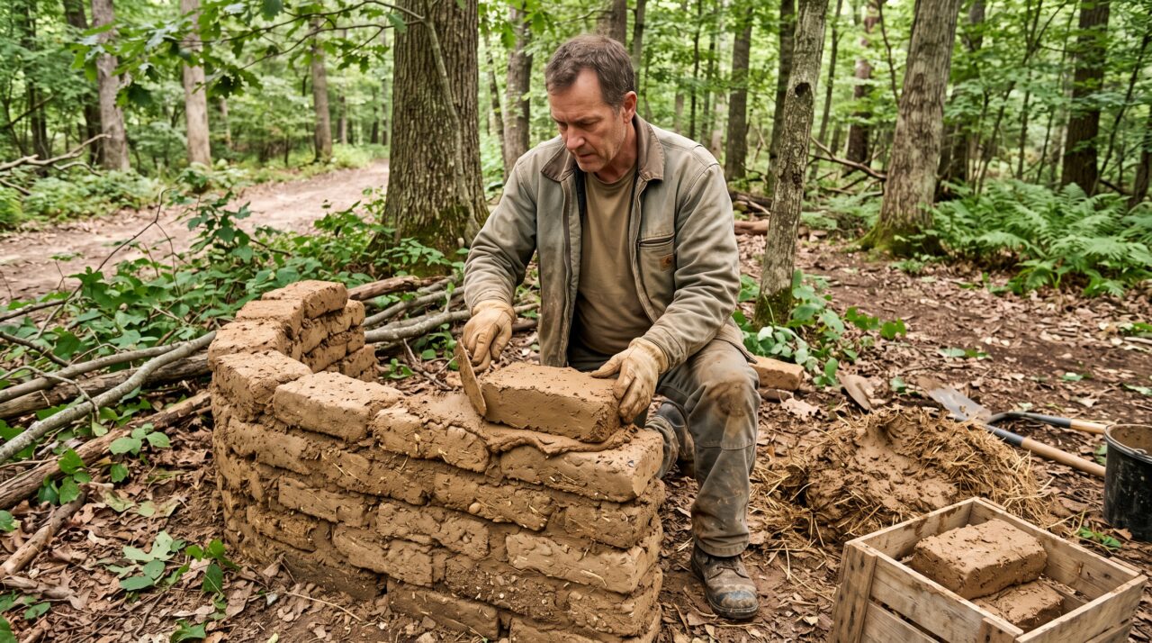 Passo a passo da construção primitiva de paredes com tijolos e barro.