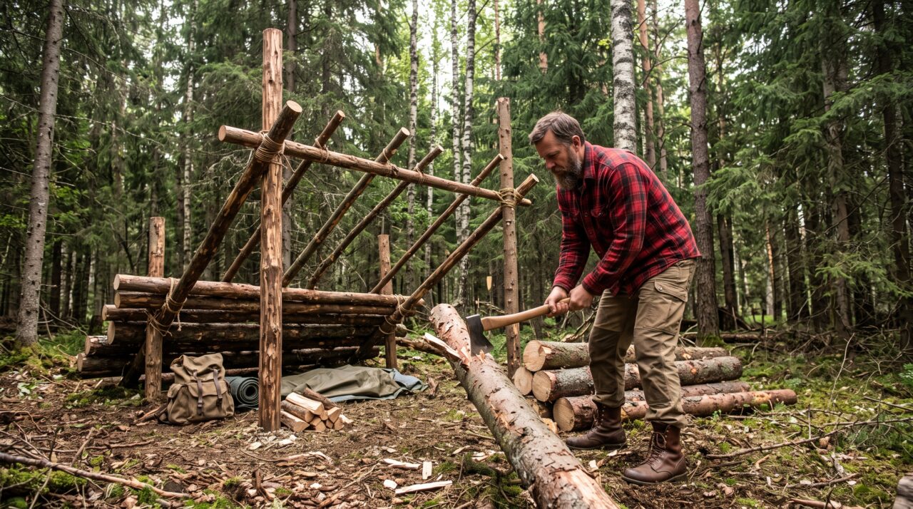 Ele construiu um abrigo excelente sob uma enorme rocha na floresta sozinho utilizando técnicas de marcenaria