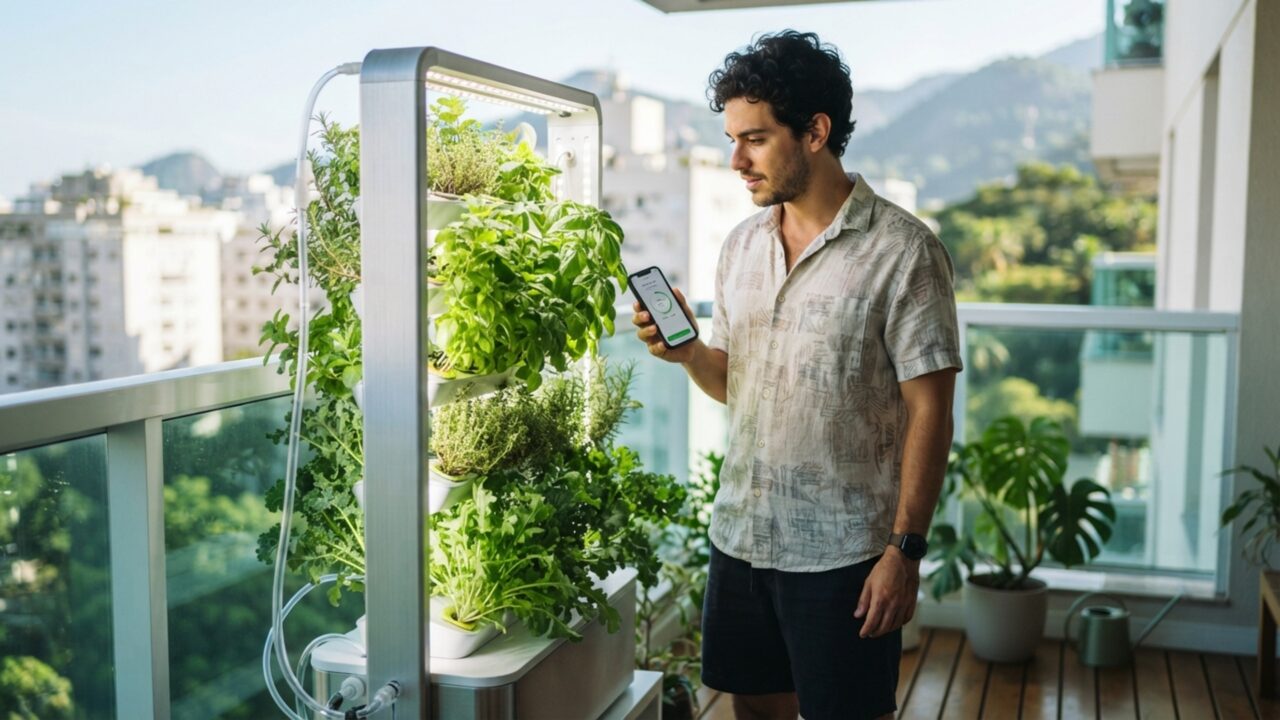 Horta vertical robotizada ajusta luz e nutrientes por aplicativo, produz salada para o mês inteiro e vira item de desejo em varandas gourmet