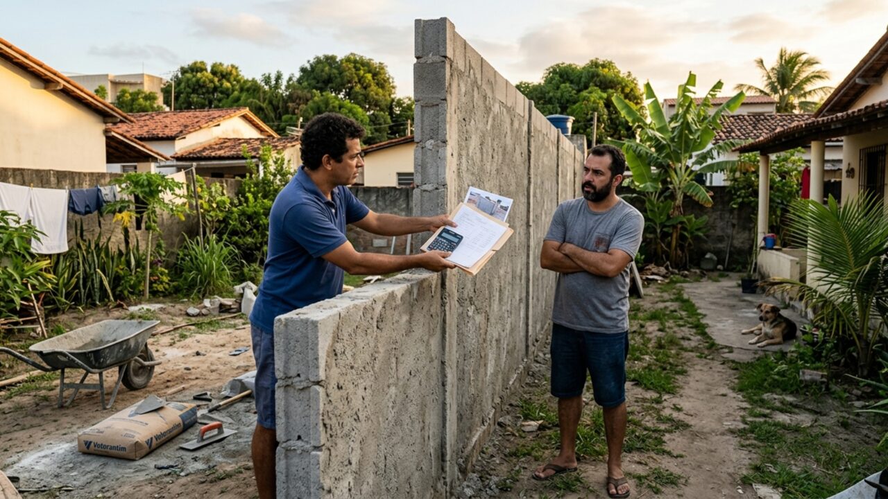Morador constrói sozinho um muro de R$ 18 mil exatamente sobre a divisa e meses depois cobra metade do vizinho, que afirma nunca ter autorizado a obra