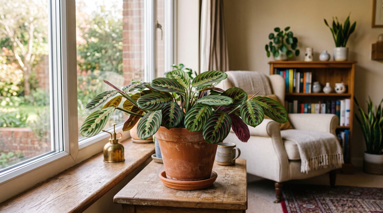 O cultivo da planta maranta e o movimento de suas folhas.
