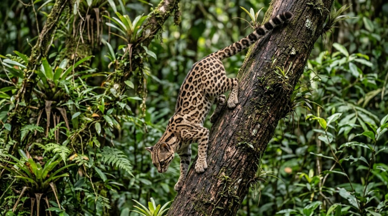 Pesquisadores capturam imagem rara do gato-maracajá caminhando de cabeça para baixo em tronco de árvore, habilidade que nenhum outro felino do planeta consegue replicar