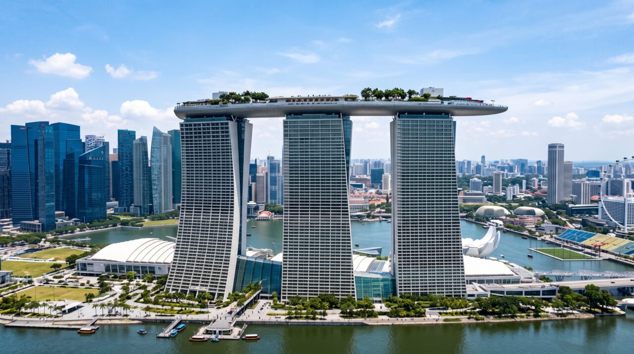 A engenharia e a estrutura do complexo Marina Bay Sands.
