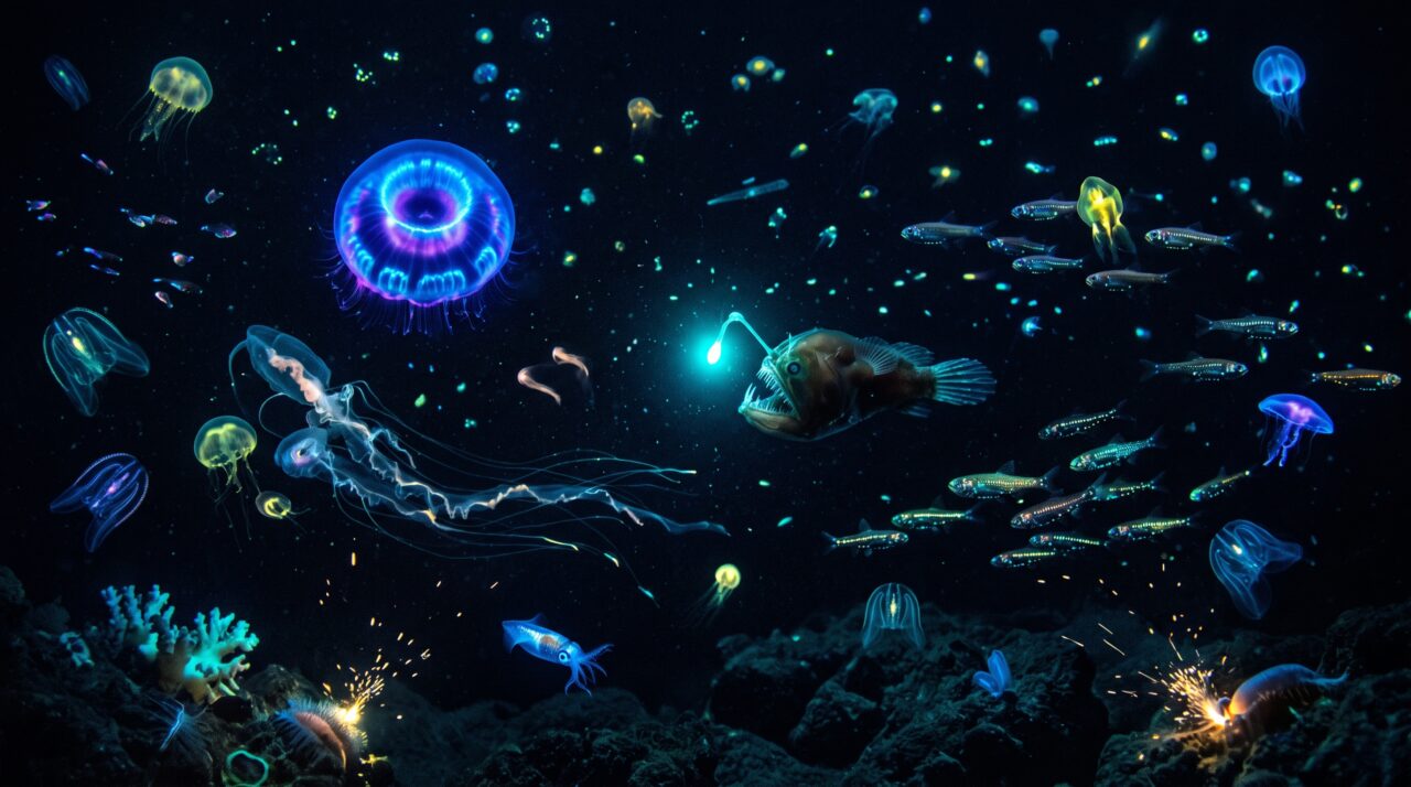 Costumamos imaginar o oceano profundo como um lugar escuro e silencioso, mas pesquisas da NOAA revelaram que 80% dos animais que vivem entre 200 e 1.000 metros de profundidade produzem sua própria luz
