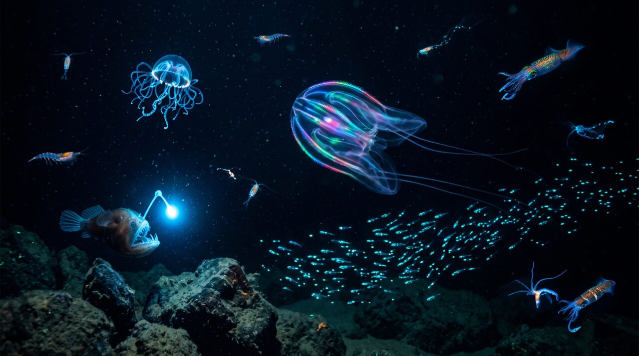 Bioluminescência no fundo do oceano e descobertas da NOAA.
