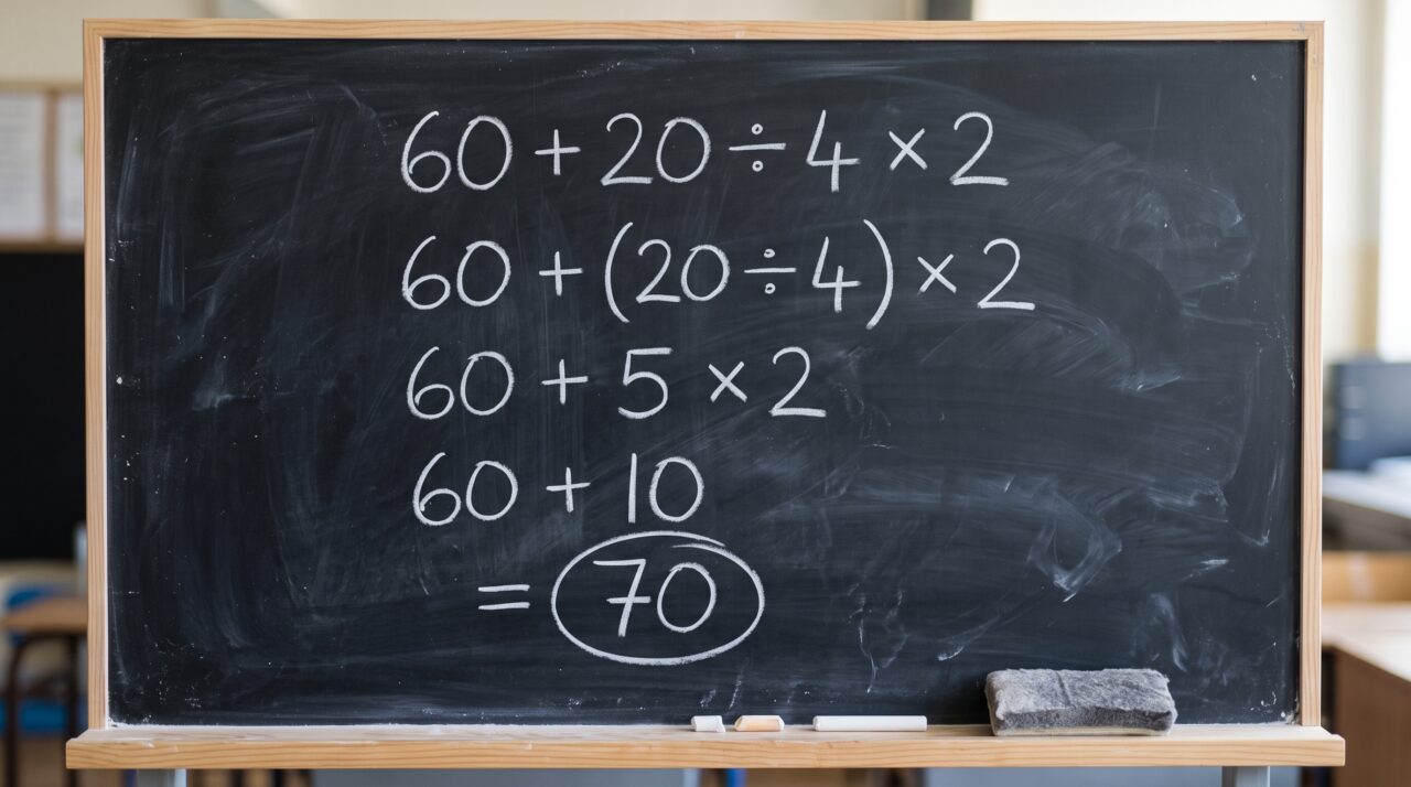 Resolução passo a passo da expressão matemática 60 + 20 ÷ 4 × 2.