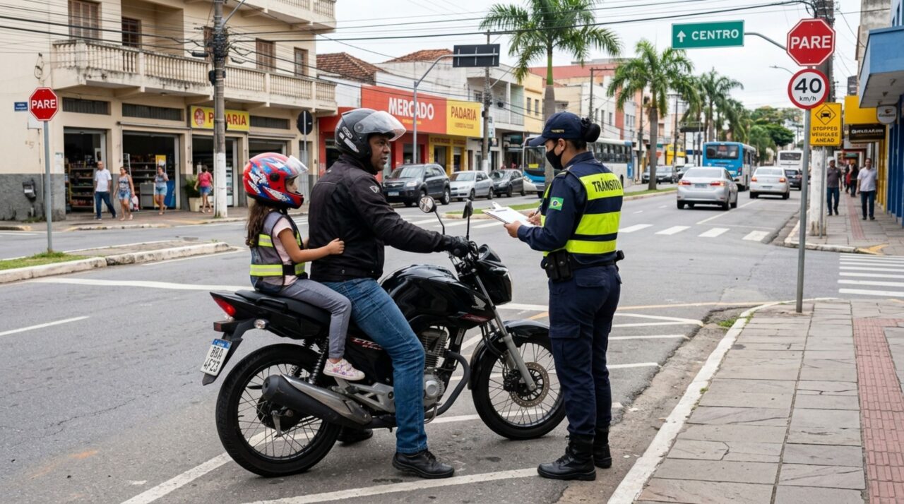 Motociclista leva criança de 8 anos na garupa e diz desconhecer a regra, descobrindo que capacete não afasta multa de trânsito