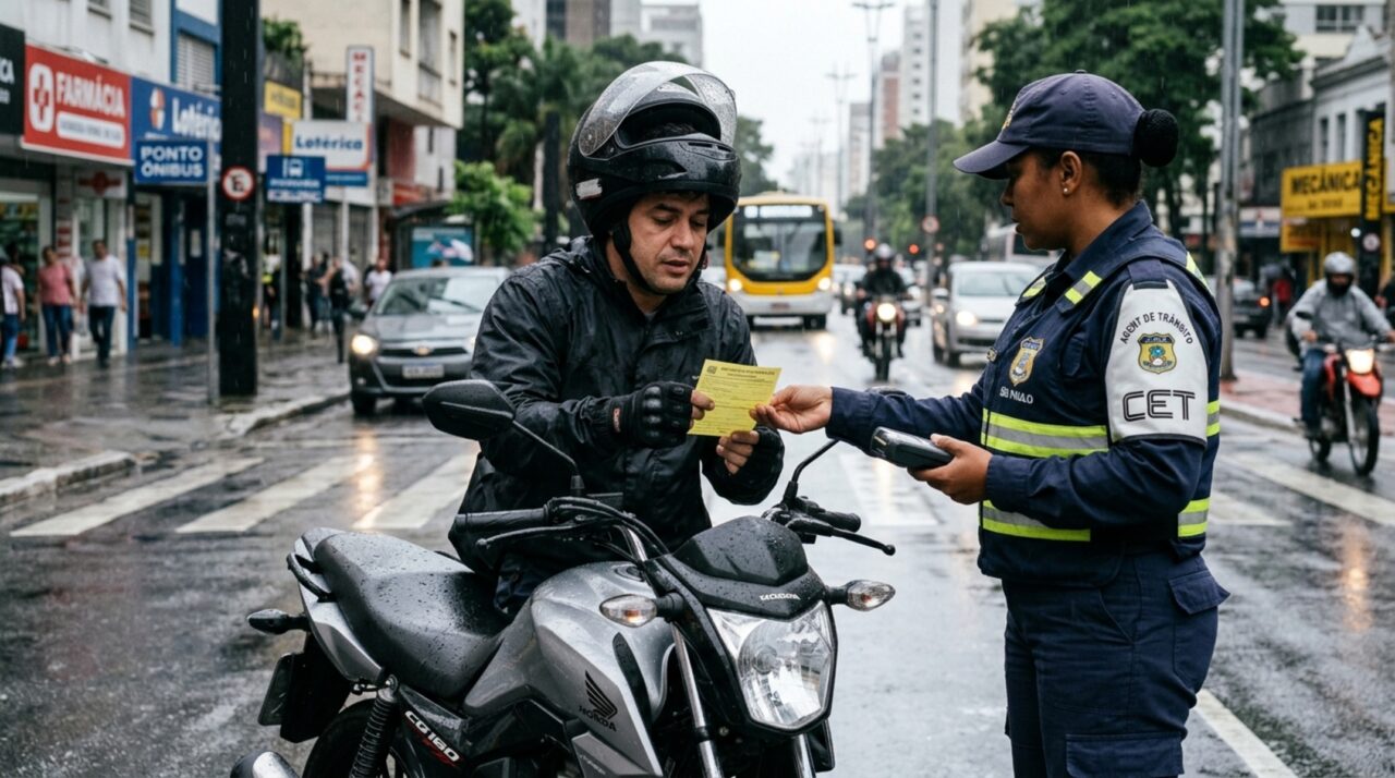 Motociclista é multado após dirigir com viseira do capacete levantada e alega que embaçou com a chuva, guarda mantém a infração