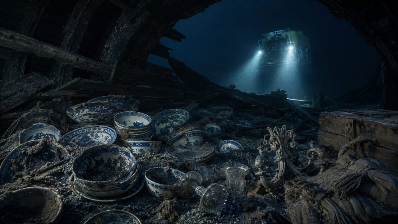 Navio afundado há quase 300 anos é encontrado a 600 metros de profundidade carregado com porcelanas chinesas, lustres e tecidos europeus