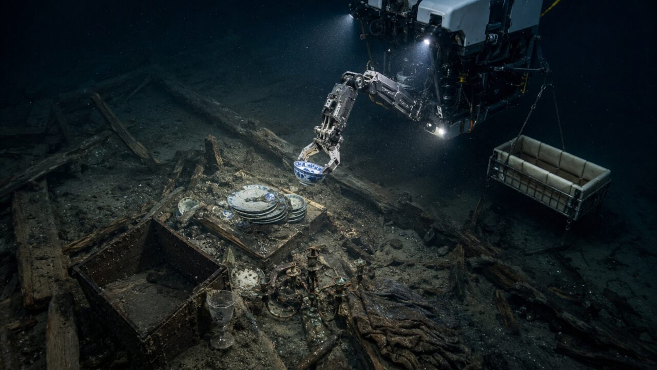 Navio afundado há quase 300 anos é encontrado a 600 metros de profundidade carregado com porcelanas chinesas, lustres e tecidos europeus