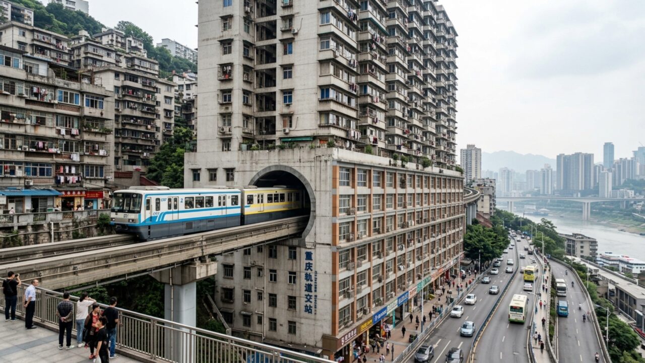 O impressionante prédio de 19 andares onde um trem desaparece entre os apartamentos na China