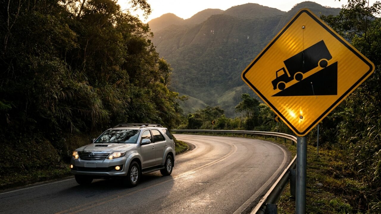 O que significa a placa de trânsito com um caminhão em ladeira que aparece em trechos de serra?