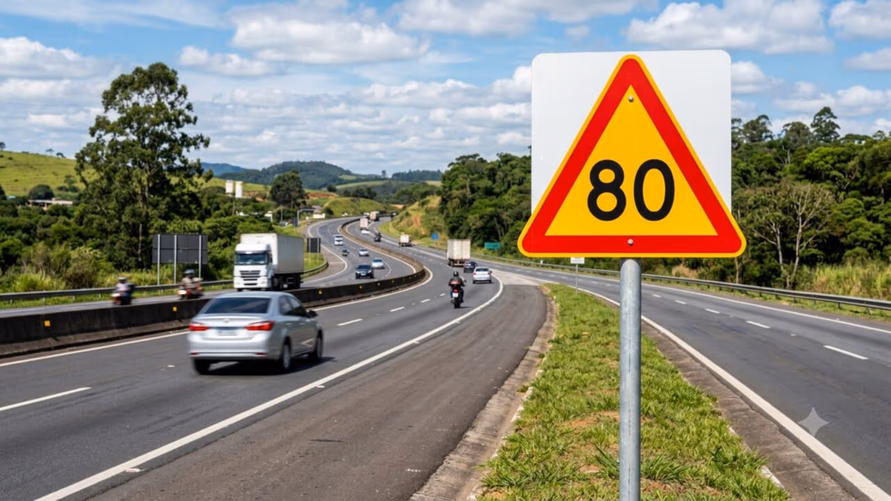O que significa a placa de trânsito com um triângulo vermelho com fundo amarelo e um número grande