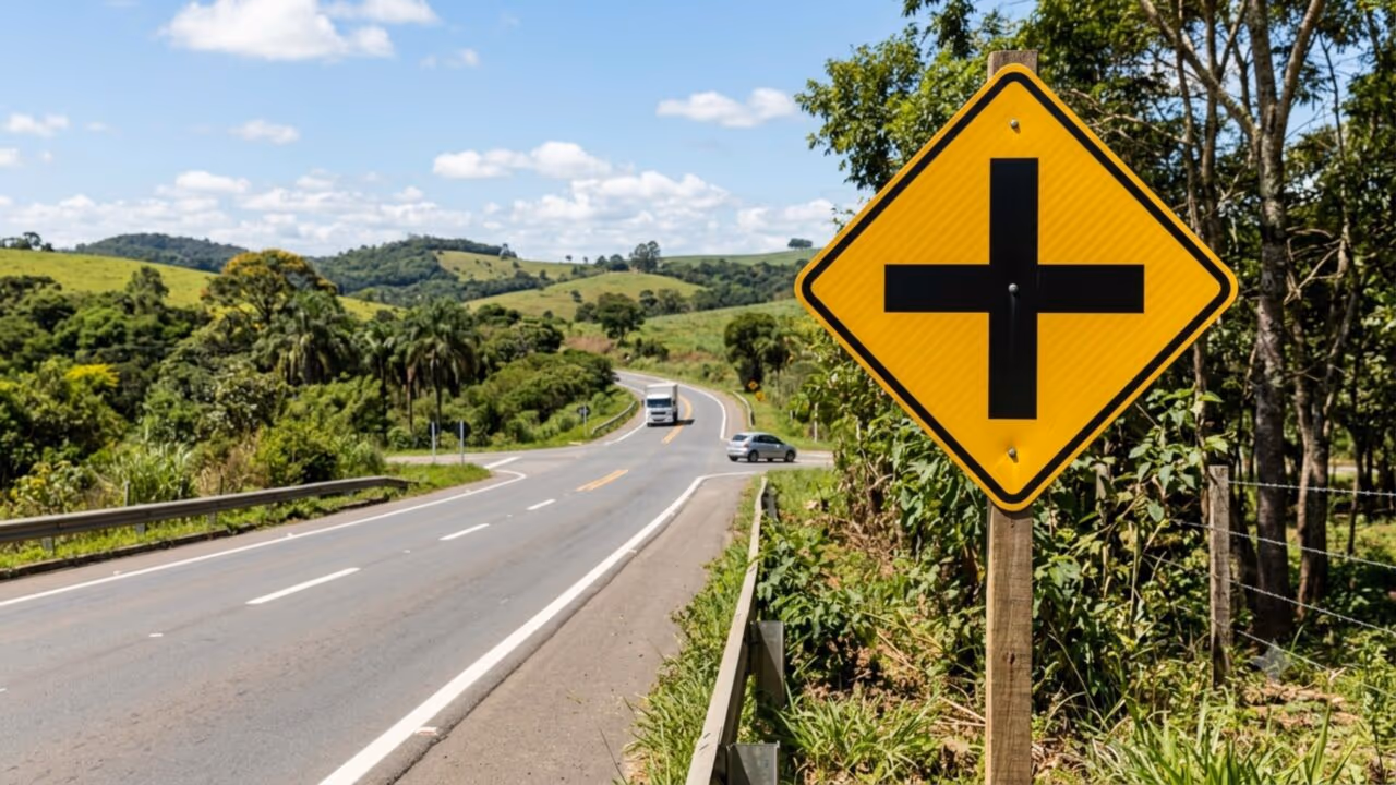 O que significa a placa de trânsito com uma cruz preta sobre fundo amarelo e por que ela é importante?