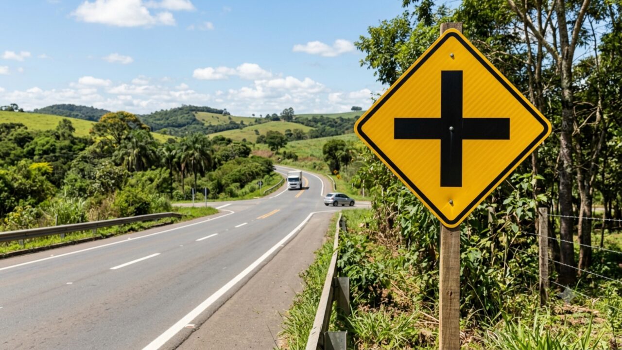 O que significa a placa de trânsito com uma cruz preta sobre fundo amarelo e por que ela é importante?