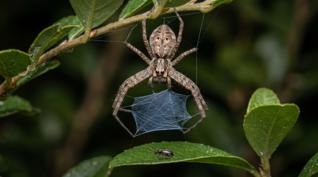 Diferente das espécies tradicionais, a aranha lançadeira segura sua própria teia e a arremessa ativamente sobre as presas