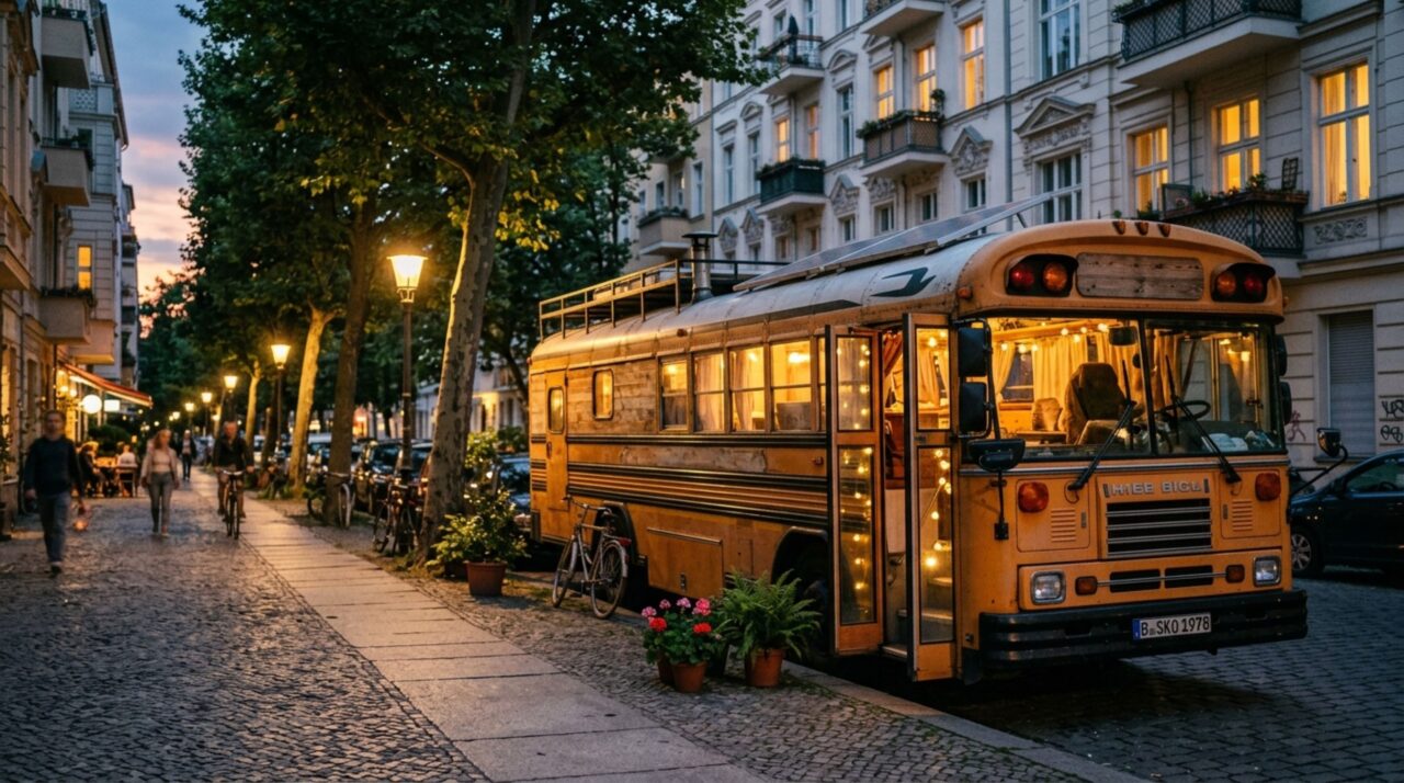 Eles esvaziaram um ônibus até o metal e usaram pisos antigos de Berlim para construir uma casa sobre rodas