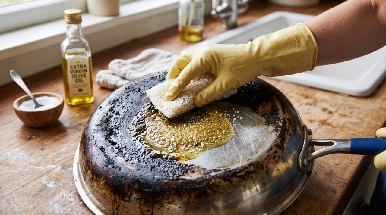 Truque de limpar o fundo de panelas de inox queimadas com azeite e sal fino.