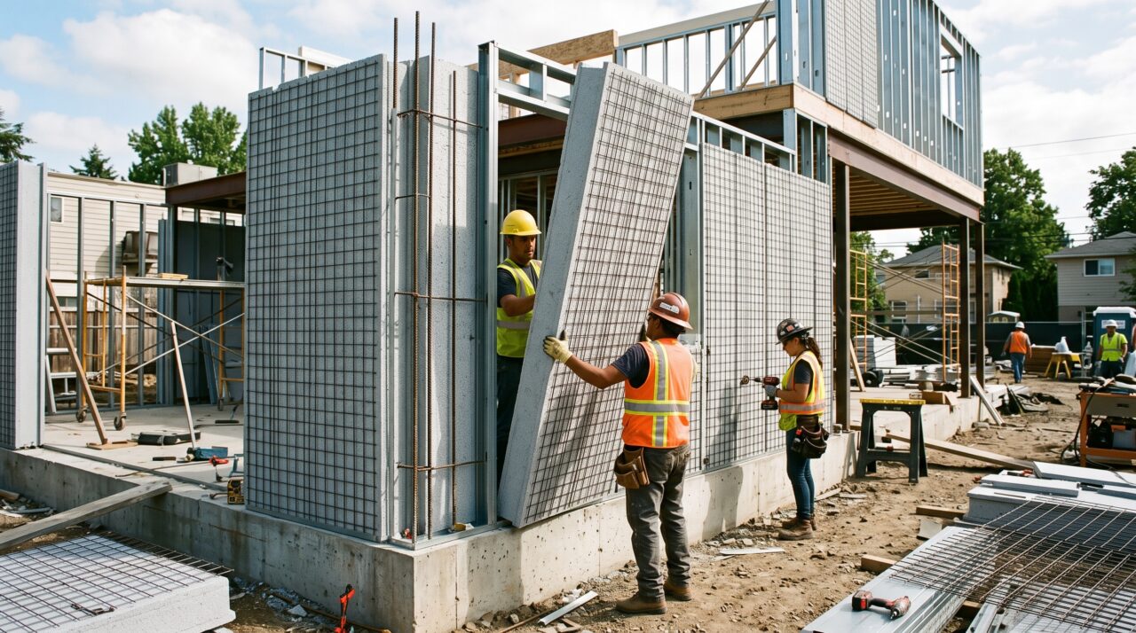 Construção civil utilizando painéis monolíticos de EPS (isopor) e malhas de aço.