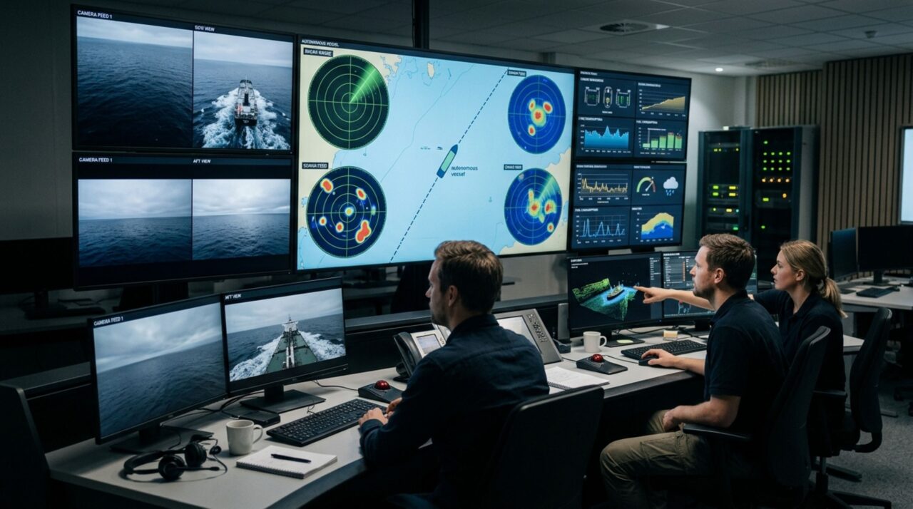 O centro em terra que acompanha cada decisão do navio autônomo