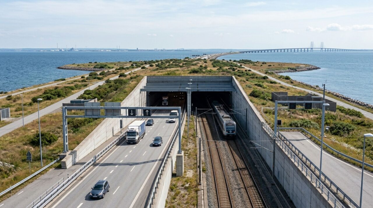 Como a estrada e a ferrovia se reorganizam para mergulhar no túnel sob o leito marinho