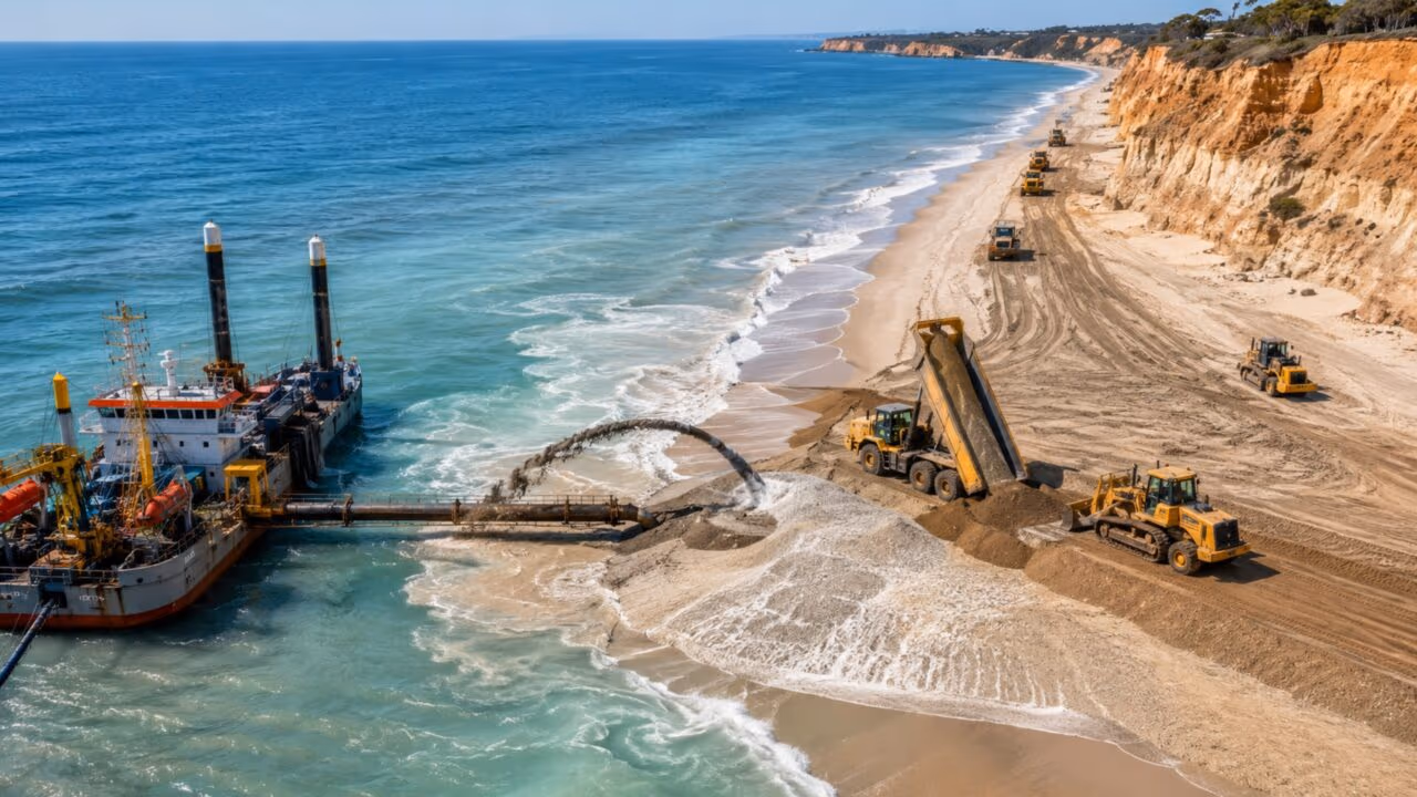 Portugal retira cerca de 2,2 milhões de toneladas de areia nos EUA em uma megaoperação para salvar cerca de 37 metros de praias do Algarve, e o plano mostra o custo real de manter uma linha costeira quando o mar não quer negociar