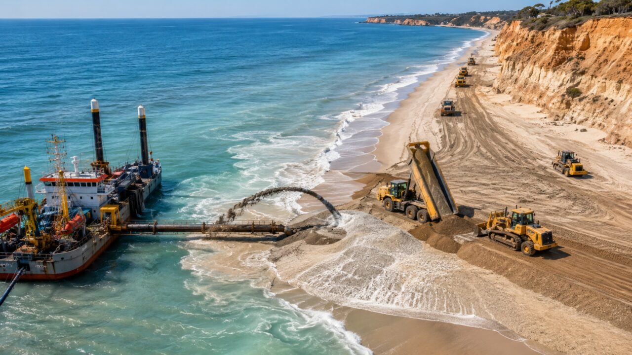Portugal retira cerca de 2,2 milhões de toneladas de areia nos EUA em uma megaoperação para salvar cerca de 37 metros de praias do Algarve, e o plano mostra o custo real de manter uma linha costeira quando o mar não quer negociar