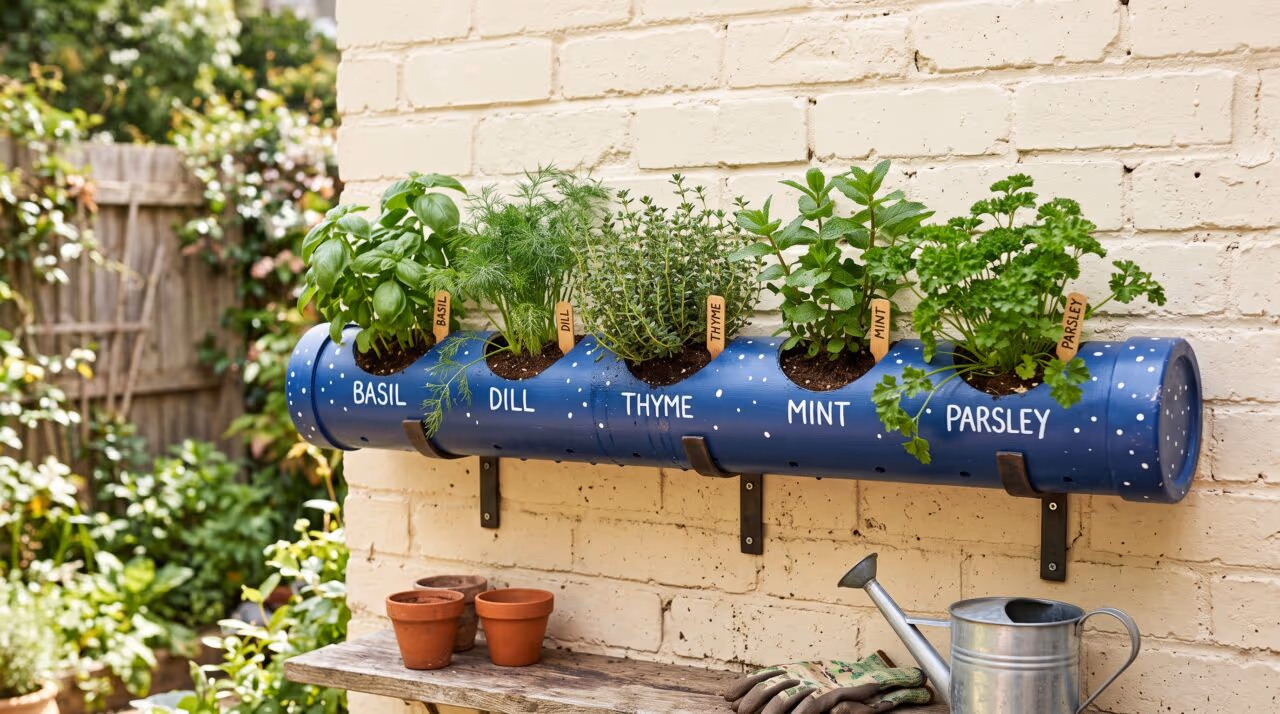 Como eu transformei canos de PVC velhos em um jardim vertical moderno para cultivar temperos na parede gastando quase nada