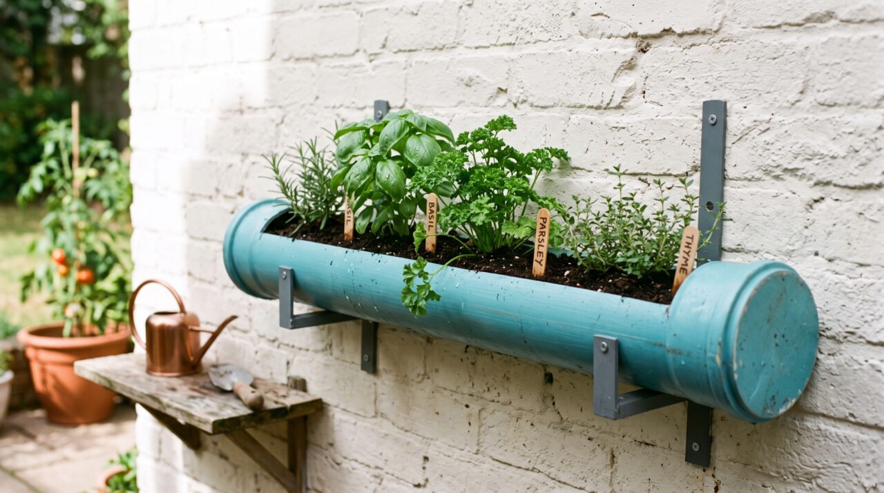 Jardim vertical econômico feito com canos de PVC reciclados para temperos.