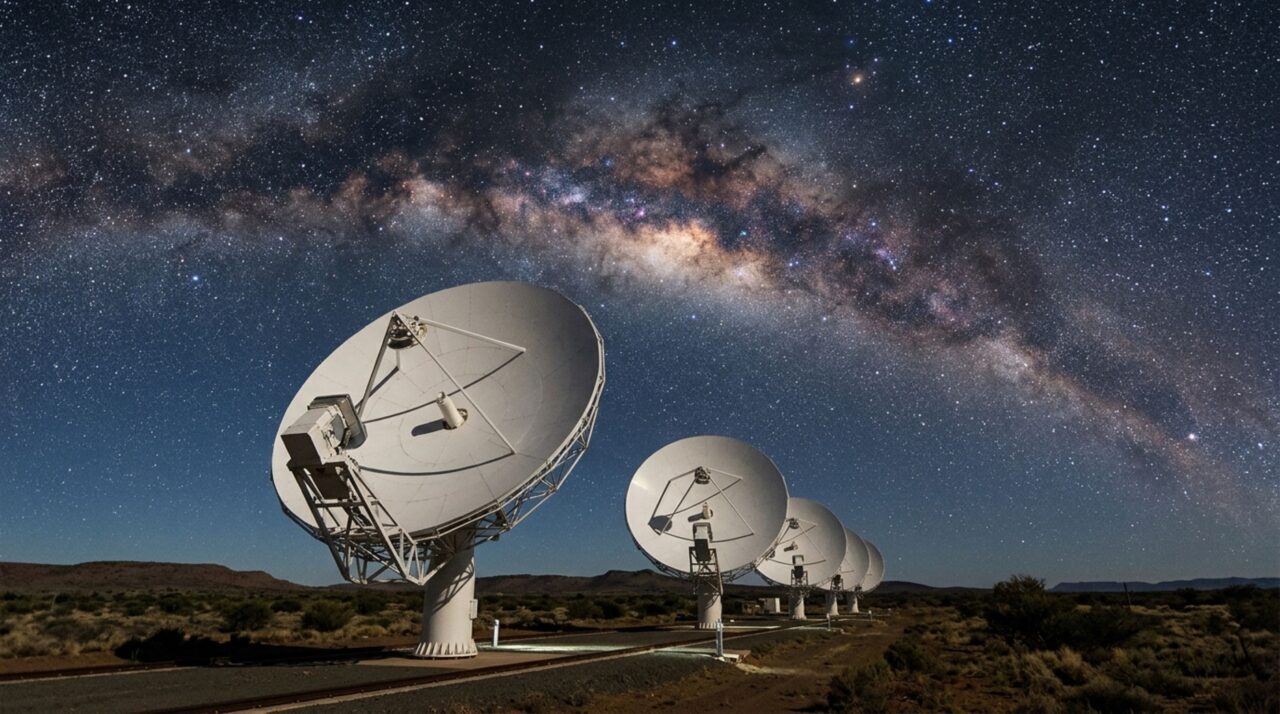 Os grandes pratos parabólicos na África do Sul captam frequências mais altas do universo distante